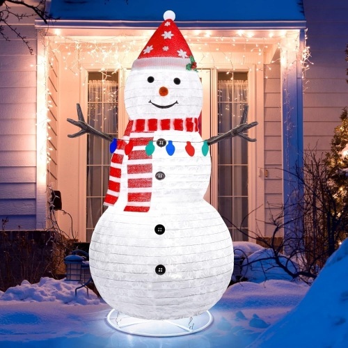Outdoor Christmas Decorations, 4FT Collapsible Lighted Christmas Snowman with Necklace Banner, Outdoor Lighted Snowman with Pre-lit Led, Snowman Christmas Decoration for Porch Yard Lawn Garden Home  - Lot 319