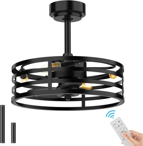 NOVELUX 17 Inch Ceiling Fan with Lights Remote Control, 6 Speed Black Caged Ceiling Fan, Reversible Motor Low Profile Ceiling Fan for Living Room, Bedroom, Kitchen  - Lot 109