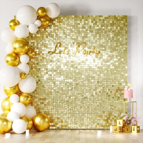 COKAOBE Light Gold Shimmer Wall Backdrop, 30 Pcs Square Sequin Shimmer Backdrop Panel, Sequin Backdrops for Birthday, Anniversary, Wedding, Graduation & Bachelorette Party Decoration  - Lot 113