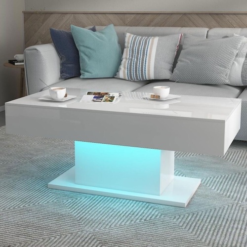 High Gloss Coffee Table with LED Lights Rectangular Cocktail Table for Bedroom - Lot 235