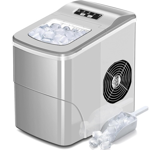 AGLUCKY Ice Makers Countertop with Self-Cleaning, 26.5lbs/24hrs, 9 Cubes Ready in 6~8Mins, Portable Ice Machine with 2 Sizes Bullet Ice/Ice Scoop/Basket for Home/Kitchen/Office/Bar/Party, Grey  - Lot 261