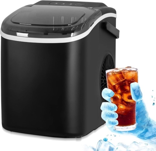 Electactic Ice Maker Countertop, Efficient Easy Carry Ice Machine, Self-Cleaning Ice Maker with Ice Scoop & Basket, 9pcs/ 8mins 26.6Lbs Per Day for Home/Office/Kitchen, Black, Z5812H-BLACK  - Lot 262