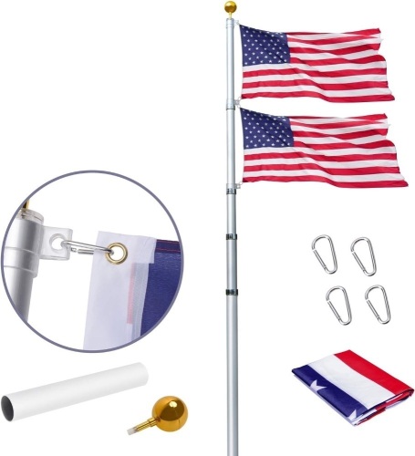 WeValor 20FT Telescoping Flag Pole Kit, Heavy Duty 16 Gauge Aluminum Outdoor In Ground Flag Poles with 3x5 USA Flag, for Residential or Commercial, Silver (Silver, 30 FT) - Lot 279