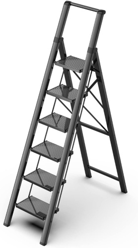 GameGem 6 Step Ladder, Aluminum Folding Step Stool with Anti-Slip Sturdy and Wide Pedal, Portable Lightweight Stepladder with Convenient Handgrip for Home, Office, Kitchen Use Black, 330 lbs Capacity  - Lot 287