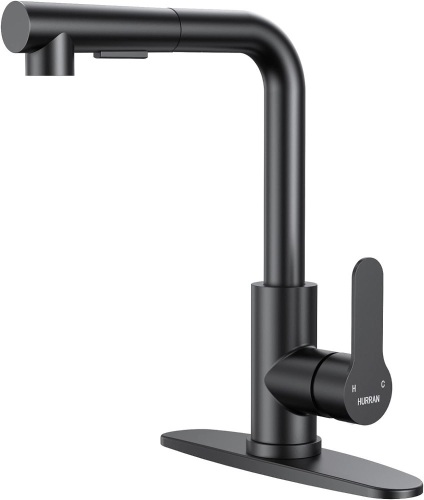Kitchen Faucets, Matte Black Faucet with Pull Down Sprayer and Deck Plate, Stainless Steel Commercial Utility Faucets for Sink 3 Hole Bar Rv Camper Laundry Outdoor Farmhouse  - Lot 302