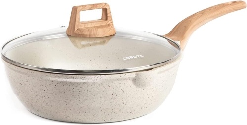 CAROTE 12Inch Nonstick Deep Frying Pan with Lid, 5.5 Qt Jumbo Cooker Saute Pan with Pour Spout, Skillet Induction Cookware, Non Stick Cooking Pan Kitchen Pan PFOA Free, White Granite  - Lot 303