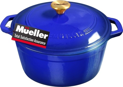 Mueller DuraCast 6 Quart Enameled Cast Iron Dutch Oven Pot with Lid, Heavy-Duty Casserole Dish, Braiser Pan, Stainless Steel Knob, for Braising, Stews, Roasting, Baking, Safe across All Cooktops, Blue  - Lot 305