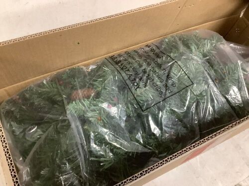 Pre-Lit Pre-Decorated Garland w/ PVC Branch Tips, 50 Lights - 9ft - Lot 6303