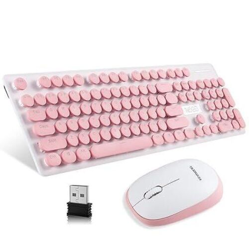 Wireless Keyboard and Mouse Combo with Retro Round Keycaps, 2.4GHz Wireless Connectivity, White LED Backlit - Lot 664