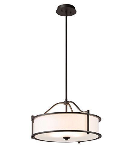 18 inch 3 Light Drum Pendant Light with Fabric Shade and Glass Diffuser in Dark Bronze - Lot 668