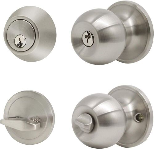 Knobonly 7 Pack Round Ball Entry Door Knob and Single Cylinder Deadbolt Combination Set, Satin Nickel, Keyed Alike - Lot 670