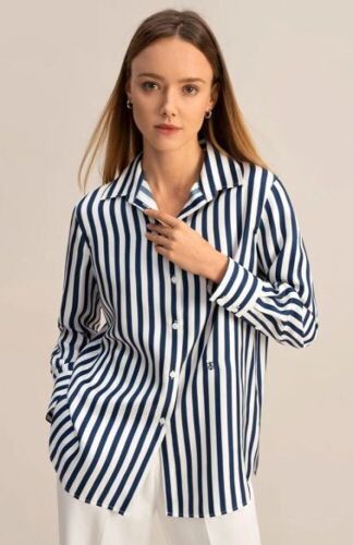 LilySilk The Scarlet Shirt, Blue White Pinstripes, Medium  - Lot 679