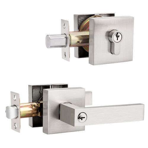 Probrico Keyed Entry Door Levers and Double Cylinder Deadbolts, Satin Nickel, Keyed Alike, Set of 4  - Lot 273