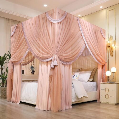 Mengersi Boho Tassel Canopy Bed Curtains with Canopy Bed Frame Poles, Peach, Queen  - Lot 421