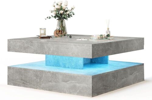 31inch Wooden Square 2-Tier Modern Coffee Table with 16-Color Plug-in LED Light, Concrete Grey - Lot 386