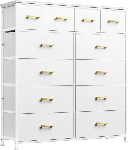Large Tall Dresser with 12 Fabric Bins, Leather Front, Wooden Top, Metal Handle, Glacier White - Lot 385