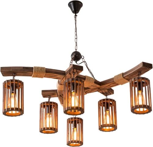 6 Light Wooden Chandelier  - Lot 336