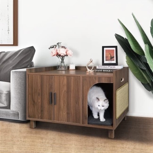 PLUROOF Cat Litter Box Enclosure, Modern Cat Litter Box Furniture Hidden- Indoor Decorative Cabinet with Sisal Cat Scratching Pad, Rustic Brown, Large  - Lot 91
