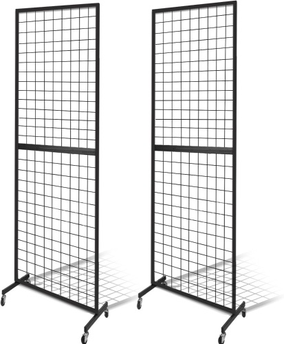 NectaCol Grid Wall Panels, 2 Packs 2'x 6' Gridwall Panels Tower with T-Base Floorstanding, Black Wire Grid Wall with Wheels Legs, Craft Fair Display Rack, Show Rack, Art Display Stand  - Lot 59