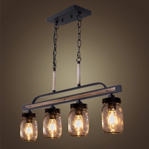 Wellmet Farmhouse Chandelier for Kitchen Fixture Lights, 4 Lights Mason Jar Pendant Light for Dining Room Lighting Fixtures Hanging, Faux Wood and Black Metal Finish  - Lot 83