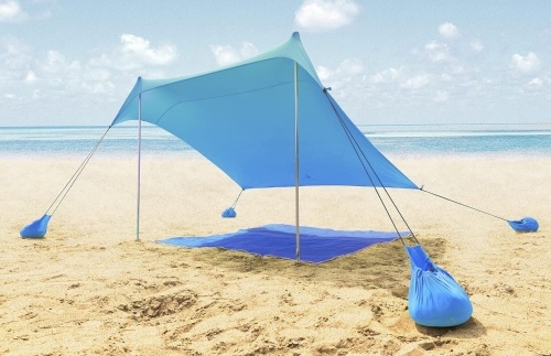 ALPHA CAMP Beach Tent Canopy, Portable Sun Shelter Sun Shade 7x7 FT with Sandbag Anchors, 2 Pole Pop Up Outdoor Shelter Family Size for Beach, Camping, Fishing, Backyard, Picnics - Blue  - Lot 155