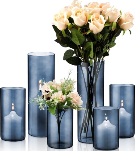 6 Pcs Blue Glass Cylinder Vases Hurricane Candle Holders Pillar Candle Holders Vases Blue Vase Candle Holder Clear Glass Flowers Vases for Valentine Wedding Kitchen Table Centerpiece Decoration  - Lot 160