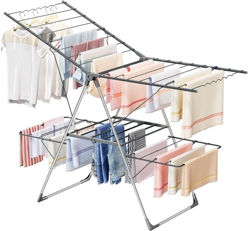 Bigzzia Clothes Drying Rack Foldable, 2-Level Large Laundry Drying Rack Collapsible, Stainless Steel Drying Rack Clothing for Indoor Outdoor, Easy to Fold, 33 Drying Rails, Metal, 142cm - Lot 164