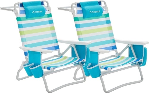 Aohanoi Beach Chair, Beach Chairs for Adults 2 Pack, Outdoor Folding Beach Chairs for Adults, Supports up to 350lbs with 5 Positions, Towel bar, Cooler Pouch, Storage Pouch (2Pcs)  - Lot 181