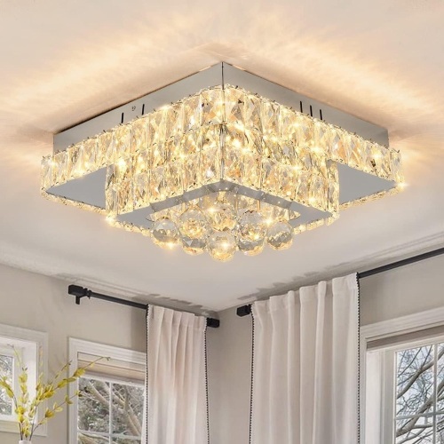 Fitsai Modern LED Crystal Ceiling Light Stainless Steel Luxury Flush Mount LED Chandeliers Ceiling Light Fixture, Ideal for Dining Room, Bedroom, Hallway, Living Room - Lot 214