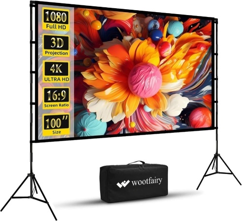 100 inch Projector Screen with Stand, Wootfairy Foldable and Portable Projection Screen 16:9 4K HD Rear Front Wrinkle-Free Movie Screen with Carry Bag for Indoor Outdoor Home Theater Backyard Cinema - Lot 269