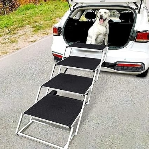 Widen Foldable Dog Car Stairs, Aluminum Frame 4 Steps Portable &Lightweight Pet Stairs, The Widest and Deepest Ladder on The Market, Nonslip Pet Ramp for Cars, Trucks and SUVs, Support 150 to 200 lbs - Lot 276