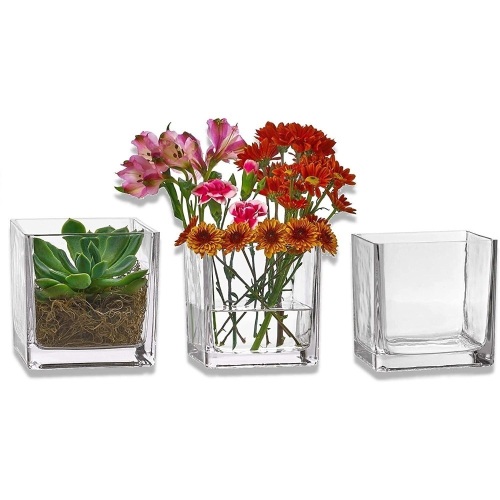 Set of 3 Glass Square Vases 5 X 5 Inch – Clear Cube Shape Flower Vase, Candle Holders - Perfect As A Wedding Centerpieces, Home Decoration - Lot 284