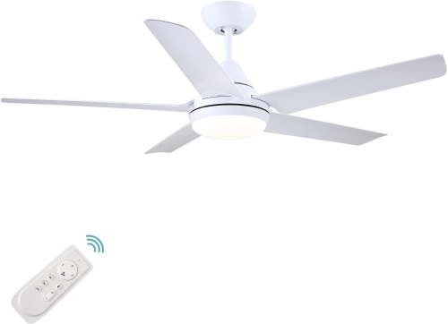 YUHAO 48 inch White Ceiling Fan with Light and Remote Control,Quiet Reversible Motor,Dimmable Tri-Color Temperatures LED. 5 Blades Modern Ceiling Fan for Indoor or Covered Outdoor Use.  - Lot 291