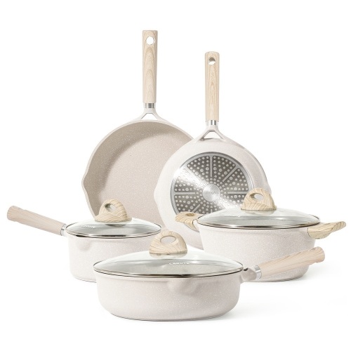 Carote Nonstick Pots and Pans Set, 8 Pcs Induction Kitchen Cookware Sets (Beige Granite) - Lot 339
