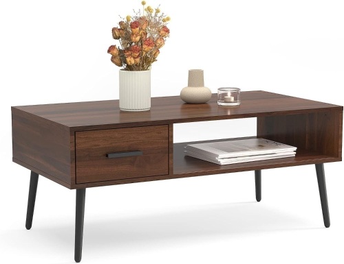 HAIOOU Coffee Table, Mid Century Modern Coffee Tables with Drawer for Living Room, Open Storage Shelf, Walnut Cocktail Table TV Stand with Stable Pine Leg Anti-Scratching, Home, Office - Lot 357