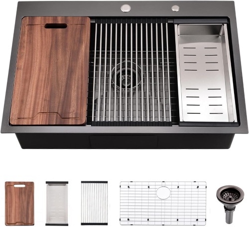 28x22-Inch Black Drop In Kitchen Sink Workstation - VOKIM 28 Inch Single Bowl Kitchen Topmount Sink 16 Gauge Stainless Steel 10'' Deep Handmade Kitchen Sink with Cutting Board& Strainer  - Lot 368
