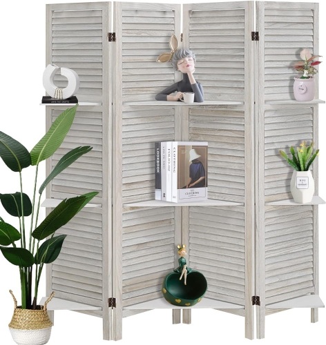 ECOMEX Room Divider 4 Panel, White with Shelves, Wall Dividers and Folding Privacy Screens, Portable Room partitions for Bedroom, Home Office, Studio (White) - Lot 371