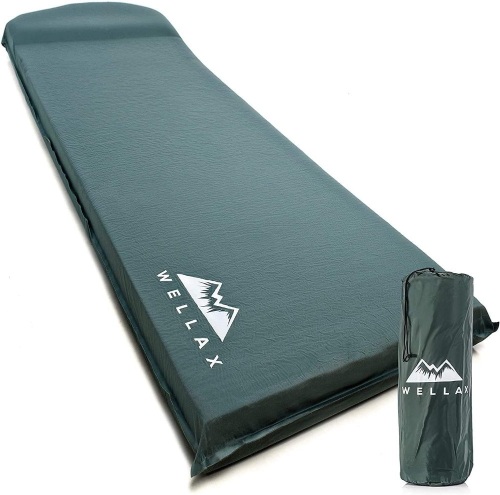 WELLAX Sleeping Pad - Foam Camping Mats, Fast Air Self-Inflating Insulated Durable Mattress for Backpacking, Traveling and Hiking - Ultrathick All-Weather Foam Pad with Build in Pillow (Green-3") - Lot 432