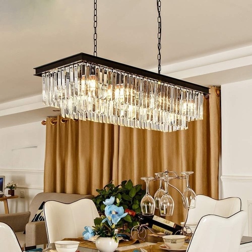 MEELIGHTING Modern K9 Crystal Chandelier Pendant Light Fixture, Rectangular Ceiling Lamp with 8-Lights for Dining Room & Kitchen, Finished in Chrome, L33.5 Inch  - Lot 437