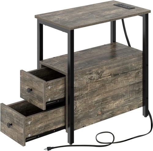 Rolanstar End Table with Charging Station, Narrow Side Table with 2 Wooden Drawers, USB Ports and Power Outlets, Nightstand Sofa Table for Small Spaces, Living Room, Bedroom, Gray  - Lot 453