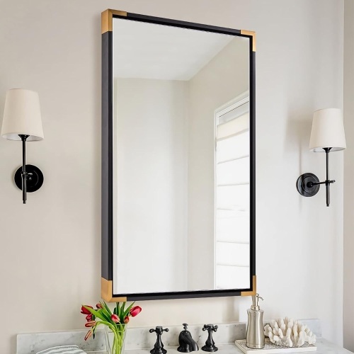ANDY STAR Black Mirror, New Zealand Pine Wood Framed Rectangle Mirror with Gold Metal Corner, 24x36” Modern Wall Mirror for Bathroom Vanity Living Room Entryway Hangs Vertical or Horizontal  - Lot 456
