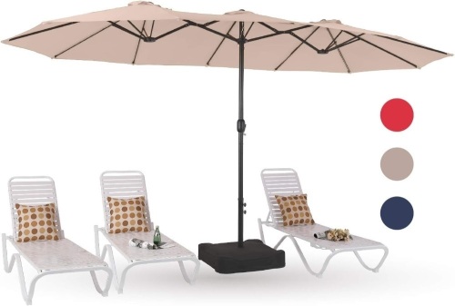 PHI VILLA 15ft Patio Umbrellas, Outdoor Market Extra Large Umbrella wirh Base, Rectangle Long Double-Sided Umbrella for Yard Lawn Garden(Beige) - Lot 230