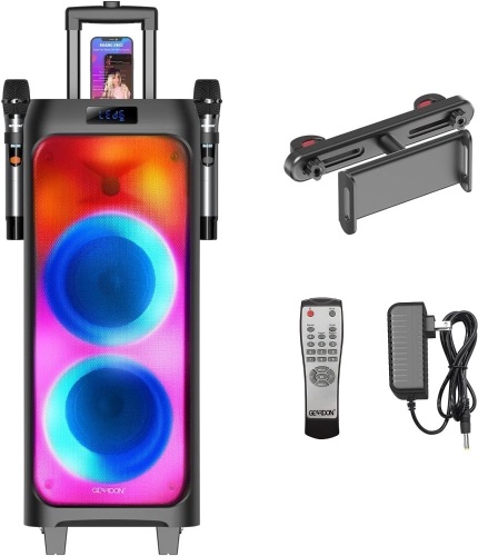 GEARDON Karaoke Machine for Adults Kids, Dual 6.5" Subwoofer, Portable Outdoor Bluetooth Loud-Speaker w/Wireless Microphones for Singing Party, Recording, DJ Lights, Tablet Holder, 2 Mics PA System  - Lot 67