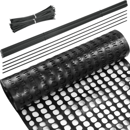 Plastic Garden Fencing Roll Safety Construction Barrier Outdoor Snow Mesh Fence Garden Netting, 1.2 Inch Mesh, Coated Iron Wire Support Stakes, Cable Ties for Garden (Black, 2 x 100 Feet)  - Lot 340