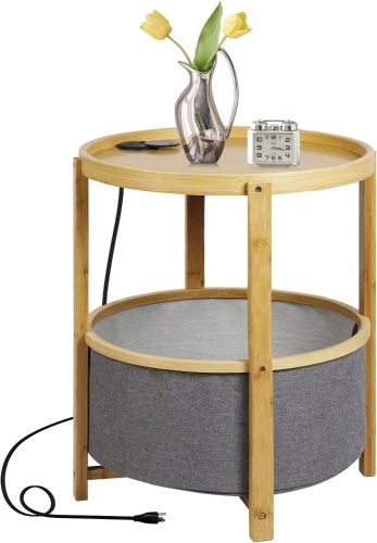 Avarmora End Table with Charging Station, Small Side Table with Storage Bamboo Round End Tables Nightstand Night Table for Living Room, Bedroom, Balcony Indoor Outdoor (Natural)  - Lot 240A