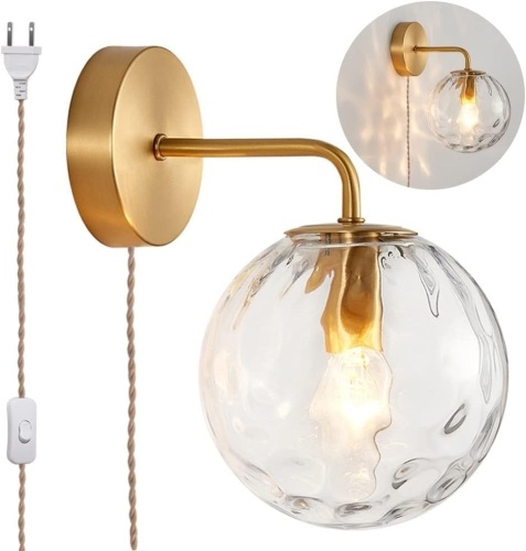 Modern Dimmable Globe Glass Wall Sconce with Plug-in On/Off Switch, E26 Gold Bedroom Wall Light Fixtures, 6W Indoor Wall Lighting with Clear Glass Shade, for Living Room Bathroom Bedside  - Lot 241A