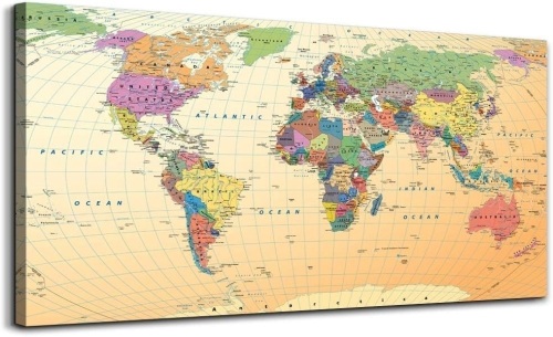 Vintage World Map - Premium Canvas Art Print - Office Wall Art Decor - Canvas Picture Stretched on Wooden Frame As Modern Gallery Large Wall Poster Maps Picture Artwork- Office Hotel Home Decoration  - Lot 338A
