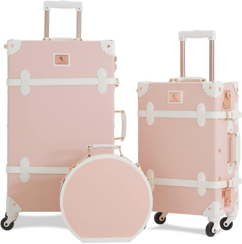7998 3 Piece Vintage Suitcase Set Women Cute Carry on Luggage with Hat Box Cosmetic Case (embossed pink, 26"+20"+12") - Lot 428