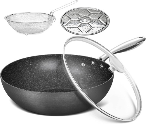 MICHELANGELO Nonstick Wok with Lid, Hard Anodized Wok Pan, Induction Wok 12 Inch, Large Wok Pan with Flat Bottom, Cooking Wok with Steamer Rack & Fry Basket, Woks and Stir Fry Pans - 5 Quart  - Lot 423