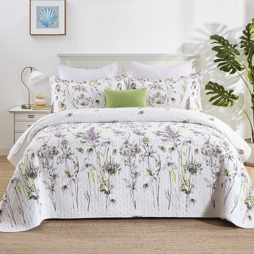 FineStichery Y-PLWOMEN King Quilt Floral Bedspread, 100% Cotton King Size Quilt, White Purple Floral Quilt Sets King, Lightweight Soft Quilt Bedding Set for All Season, 3-Pieces  - Lot 143